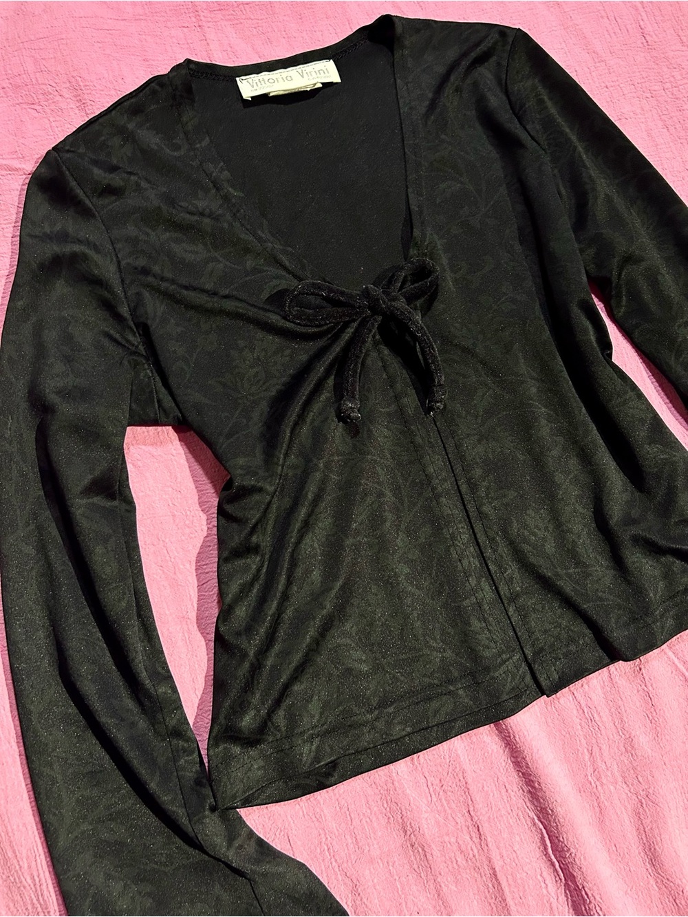 Vintage Black Cardigan with Ornate Floral Design and Velvet Tie